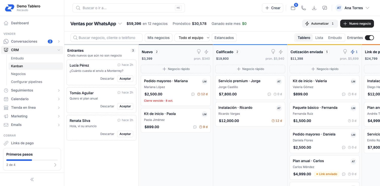 CRM board with an incoming column and deals by stage
