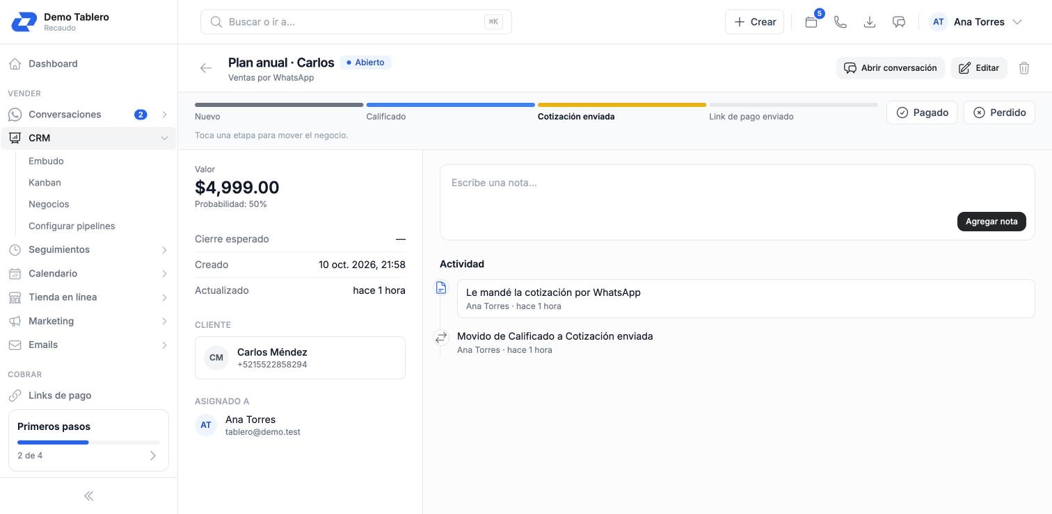 Deal details with its stages, value, notes and activity