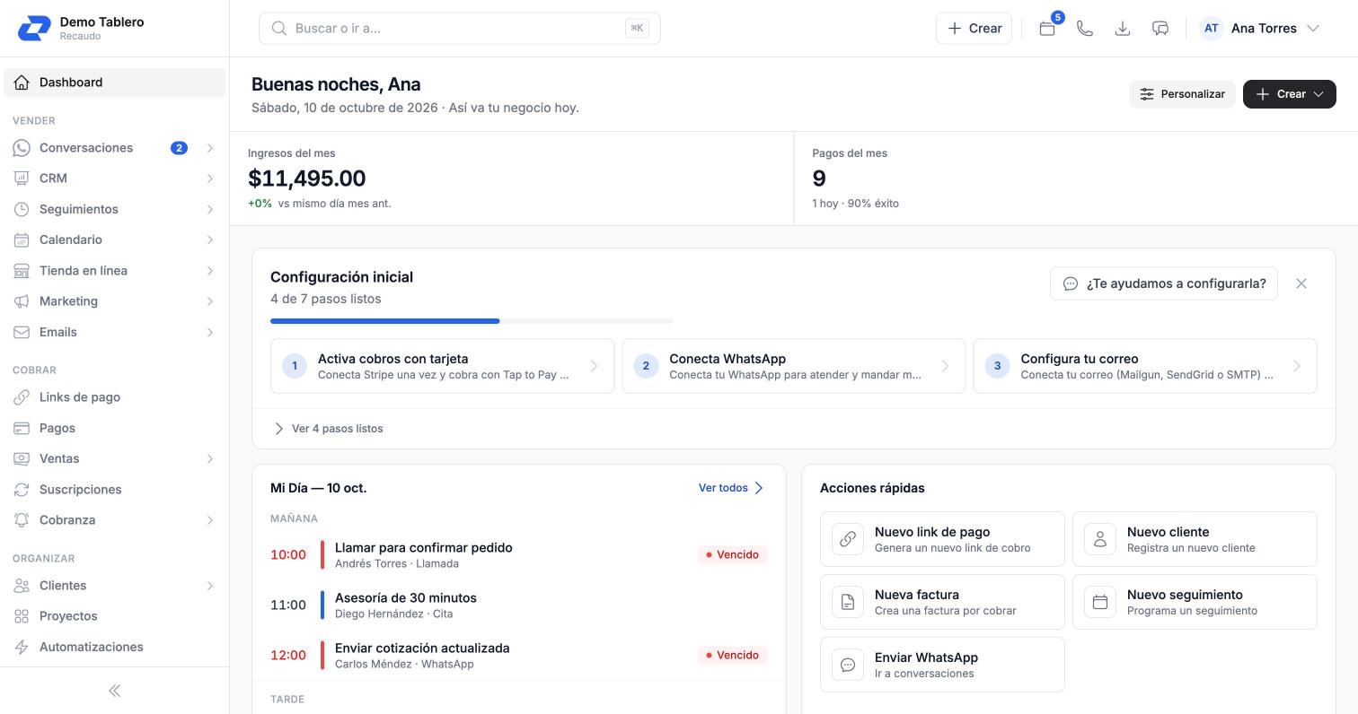 Recaudo dashboard with monthly revenue, initial setup, My day and quick actions