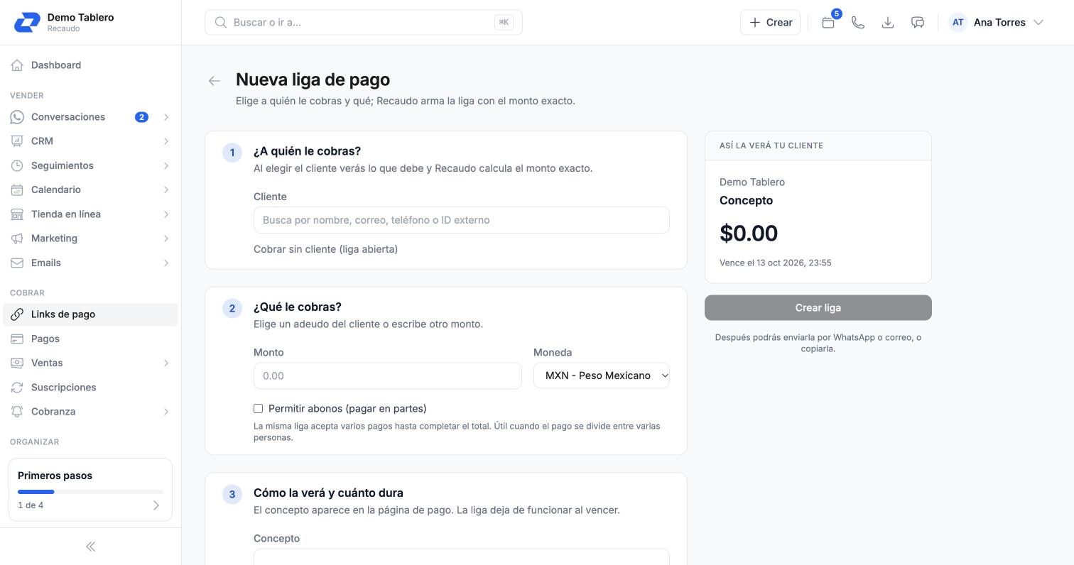 New payment link form with customer, amount and preview