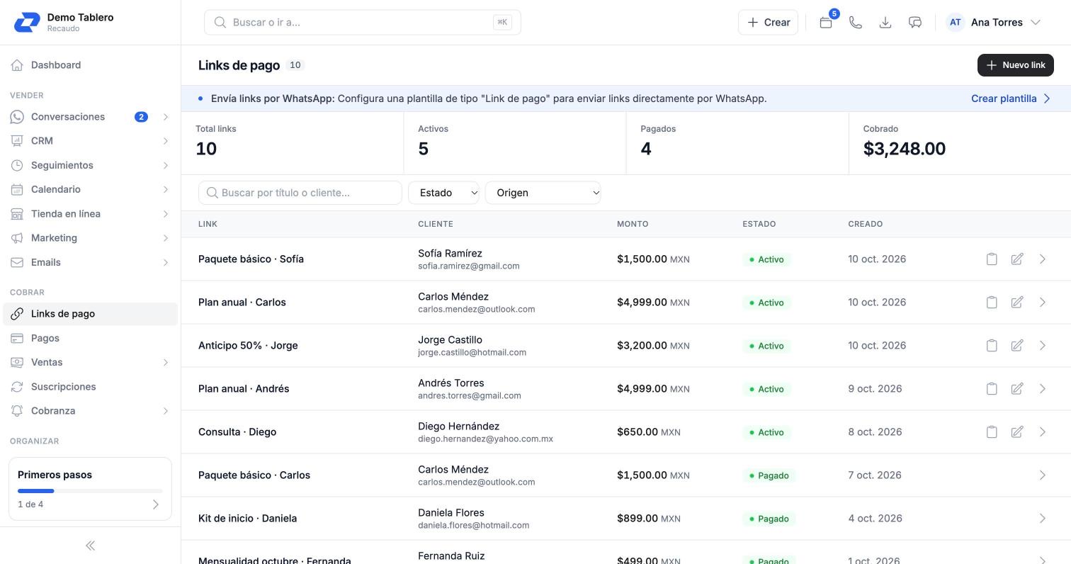 List of payment links with their status